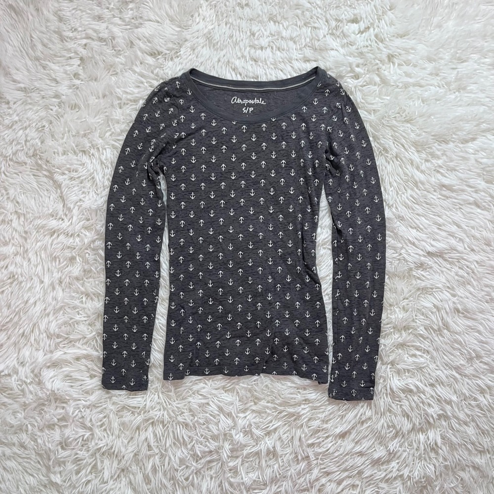 y2k vintage aeropostale gray anchor print graphic long sleeve small